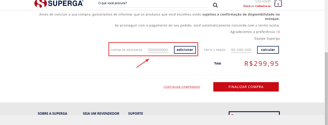 Onde inserir cupom de desconto Superga
