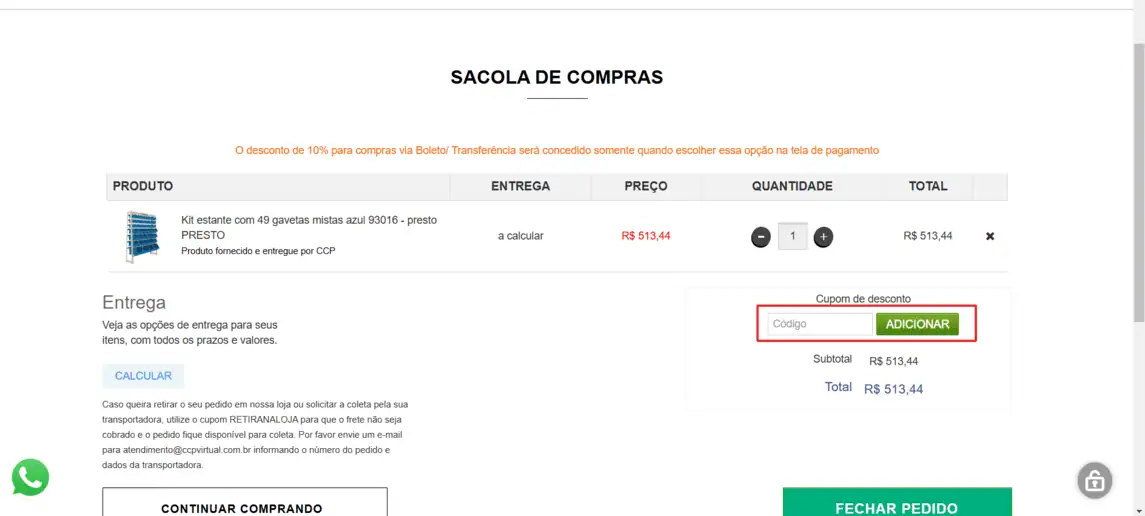 Onde inserir cupom de desconto CCP Parafusos e Ferramentas