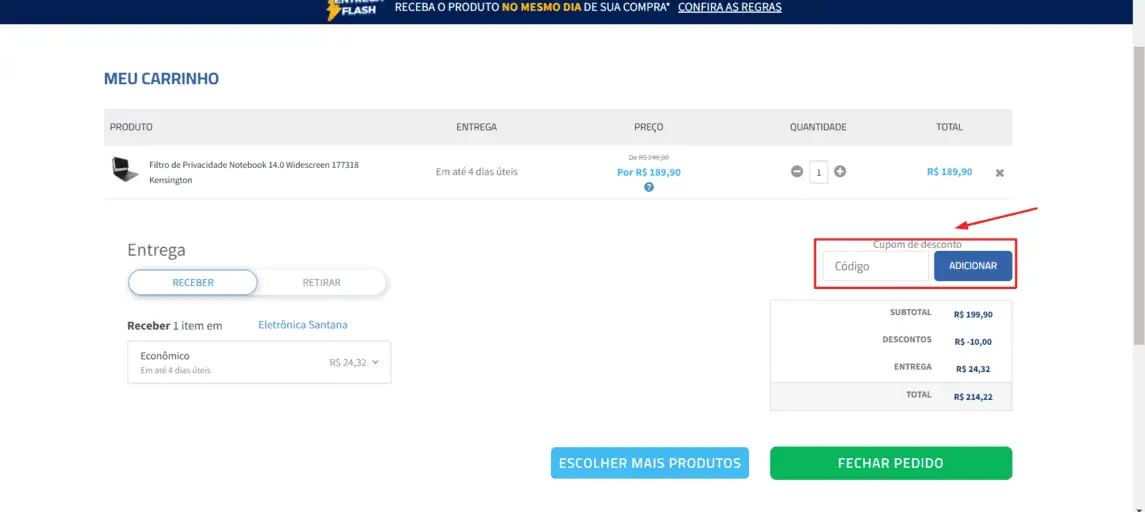 Onde inserir cupom de desconto Eletrônica Santana