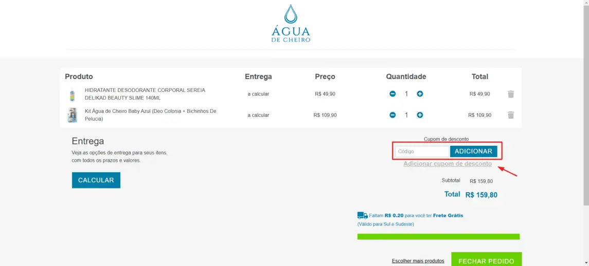 Onde inserir cupom de desconto Agua de Cheiro