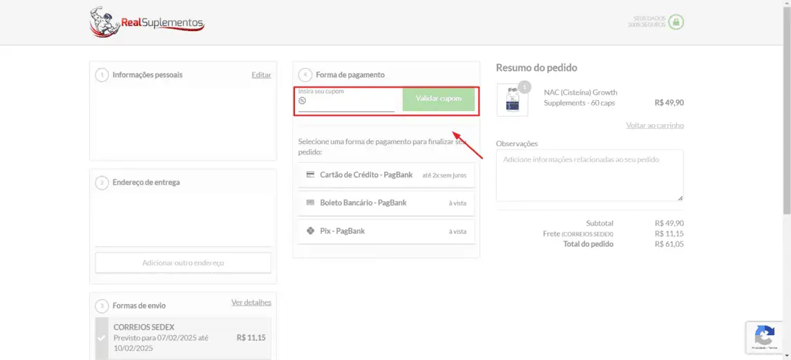 Onde inserir cupom de desconto Real Suplementos