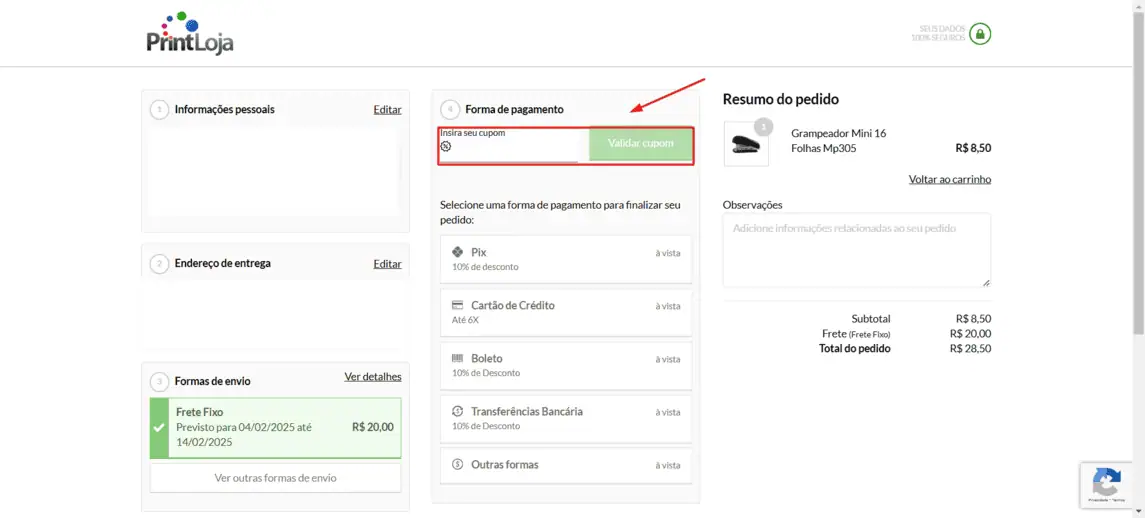 Onde inserir cupom de desconto Print Loja