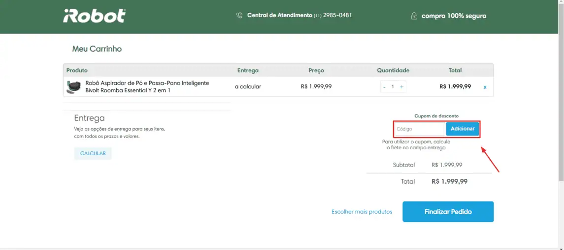 Onde inserir cupom de desconto IRobot