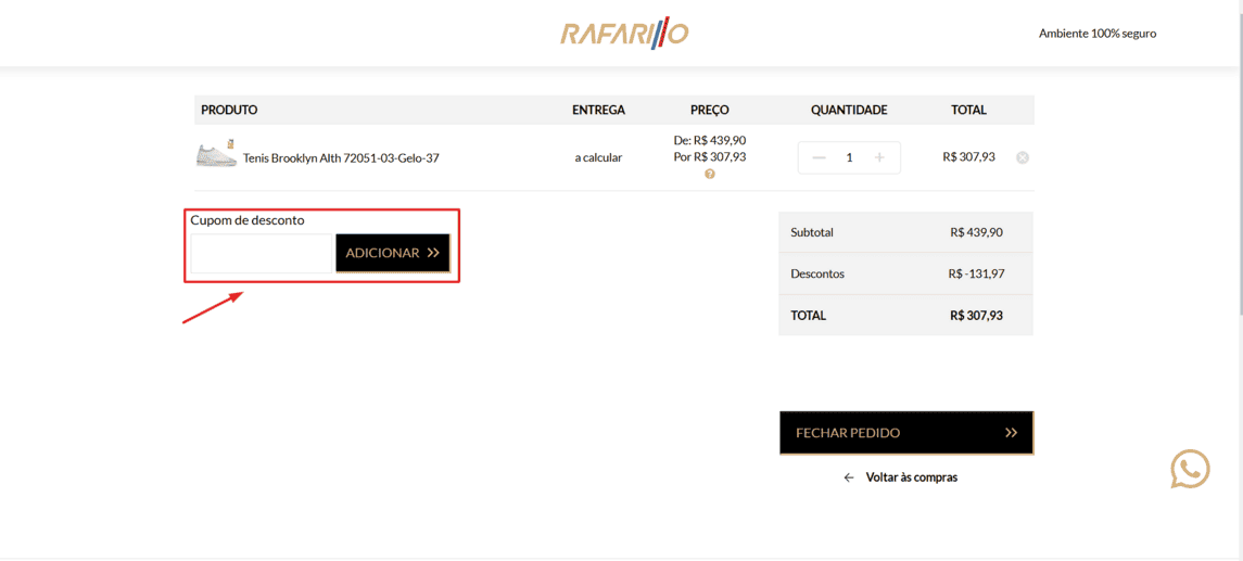 Onde inserir cupom de desconto Rafarillo