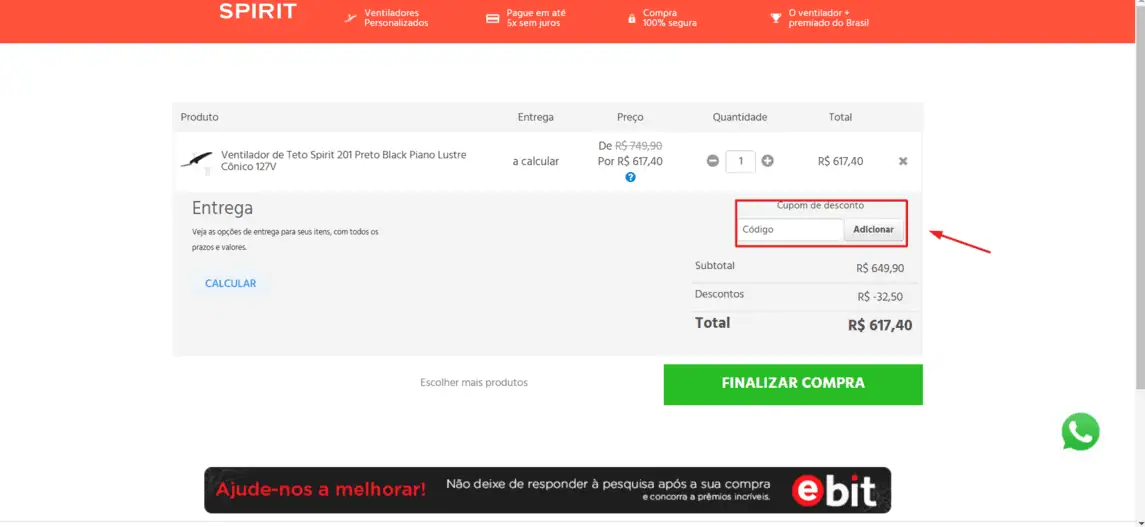 Onde inserir cupom de desconto Spirit