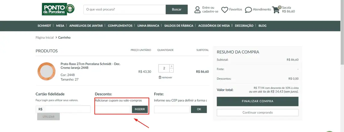 Onde inserir cupom de desconto Ponto da Porcelana