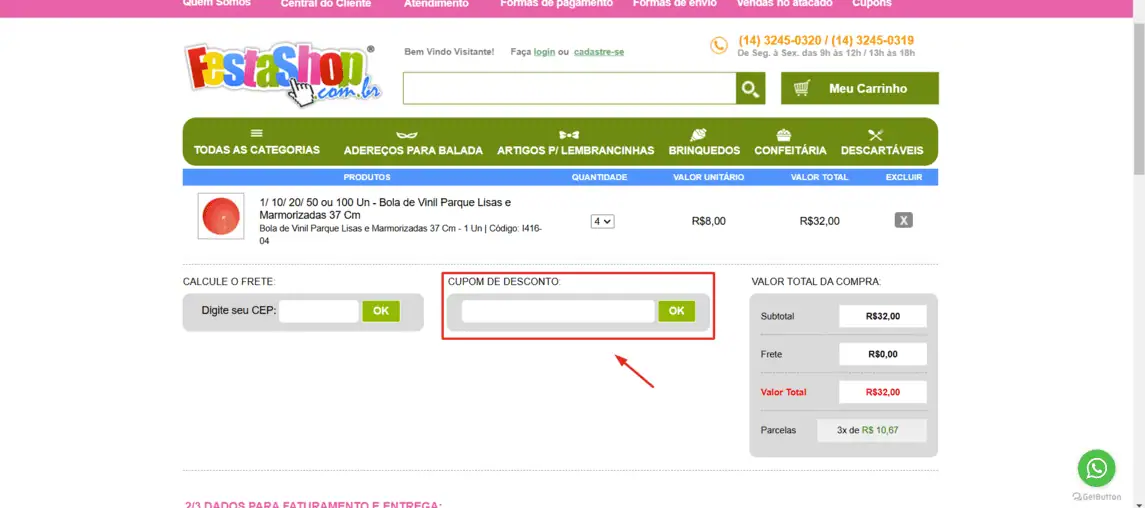 Onde inserir cupom de desconto Festashop