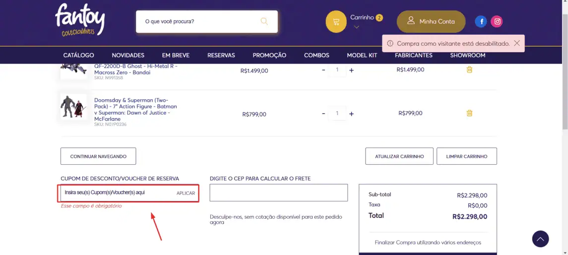 Onde inserir cupom de desconto Fantoy