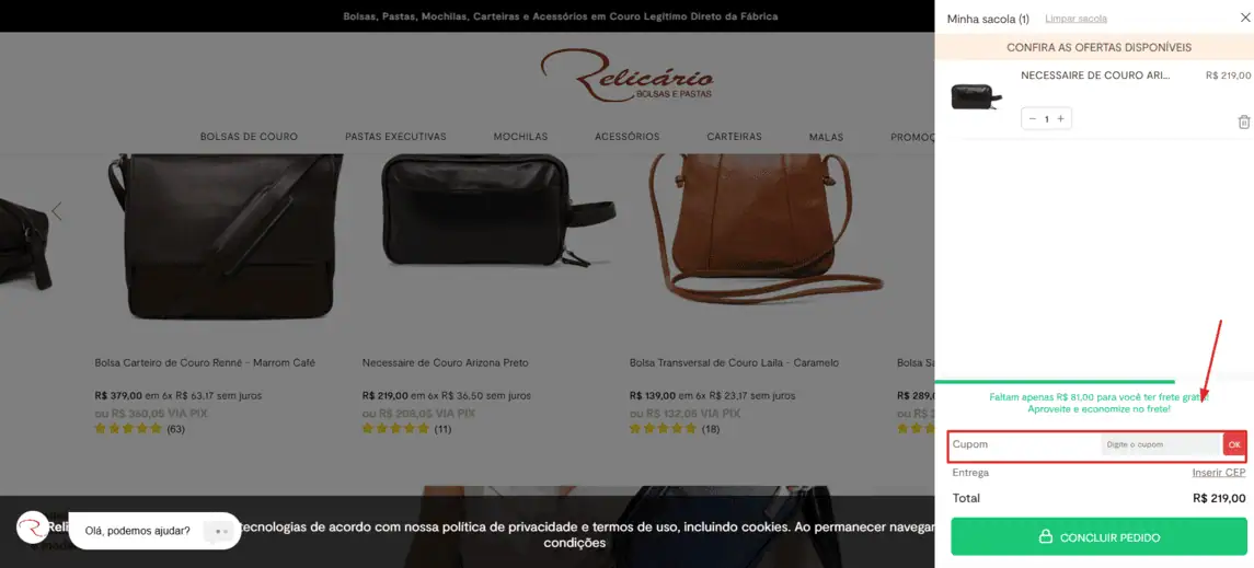 Onde inserir cupom de desconto Bolsas Relicário