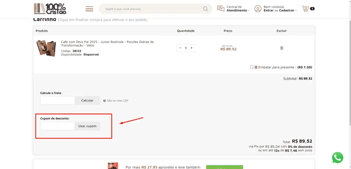 Onde inserir cupom de desconto Editora 100% Cristão