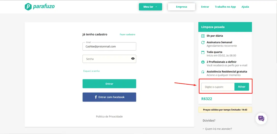 Onde inserir cupom de desconto Parafuzo