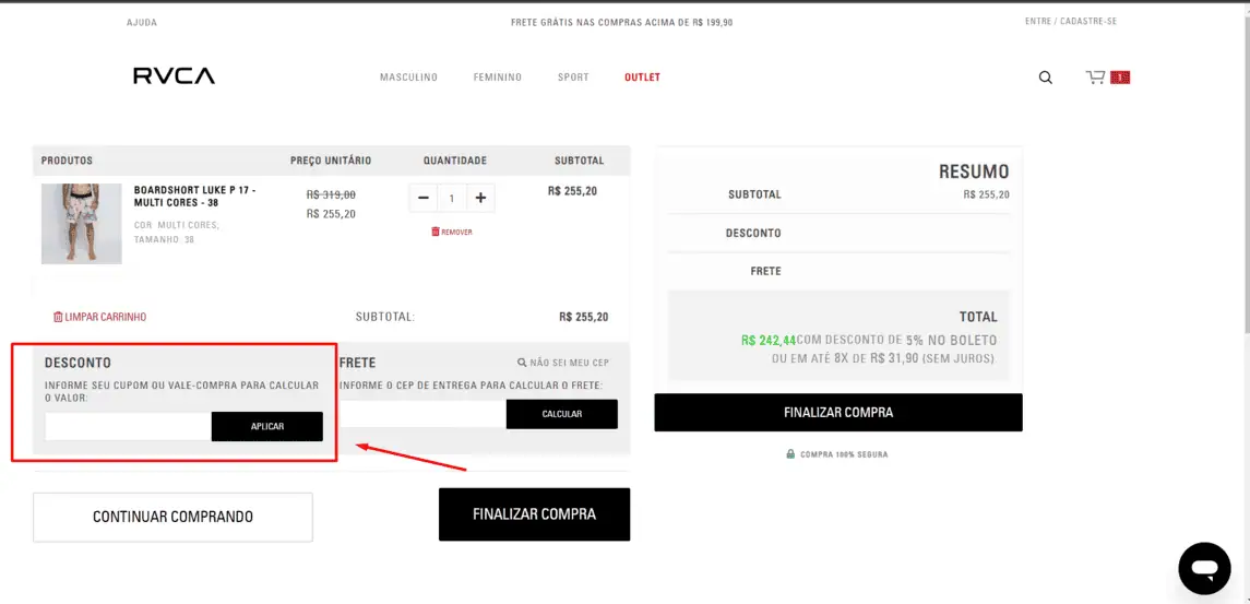 Onde inserir cupom de desconto RVCA