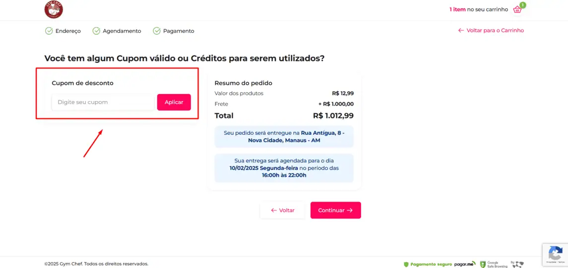 Onde inserir cupom de desconto Gym Chef