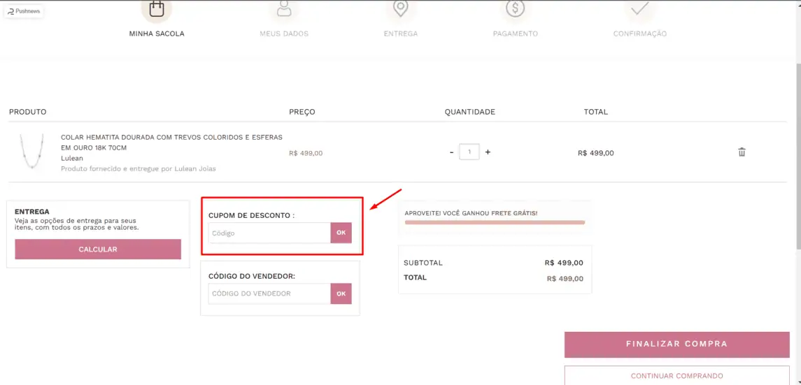 Onde inserir cupom de desconto Lulean Joias