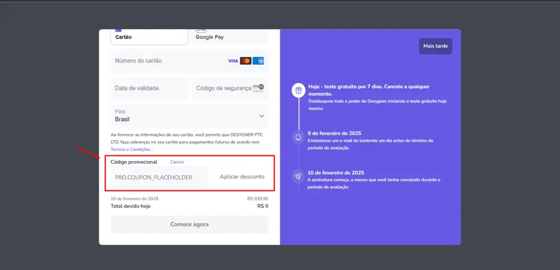 Onde inserir cupom de desconto Criar.io