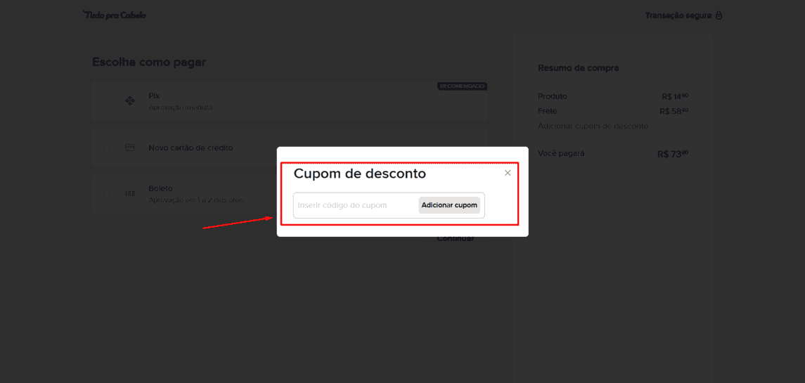 Onde inserir cupom de desconto Tudo pra Cabelo