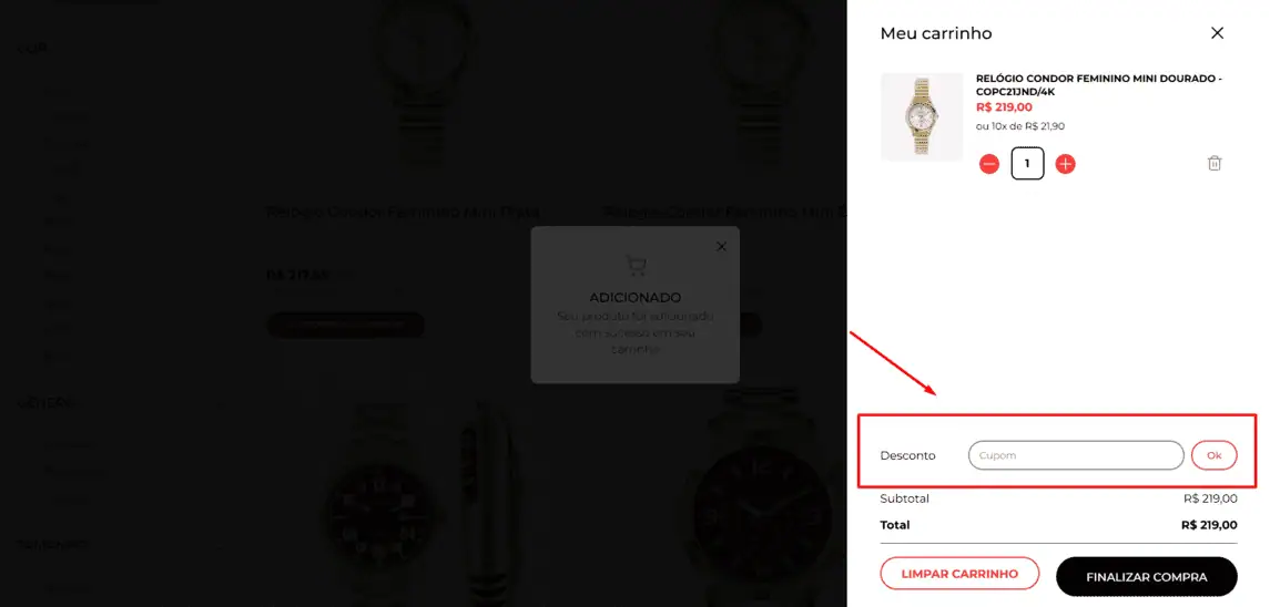 Onde inserir cupom de desconto Relógios Condor