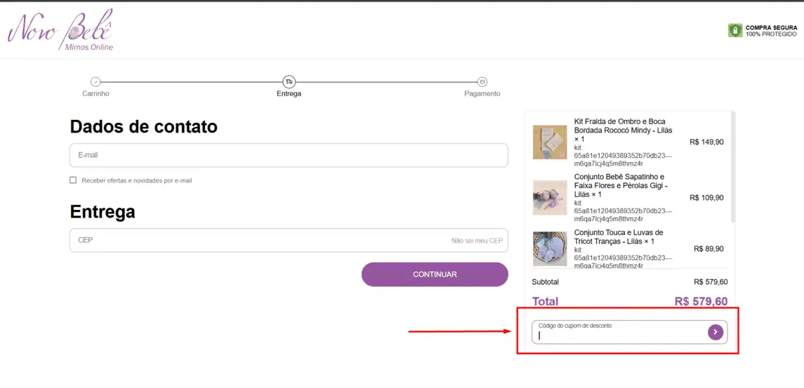 Onde inserir cupom de desconto Novo Bebê