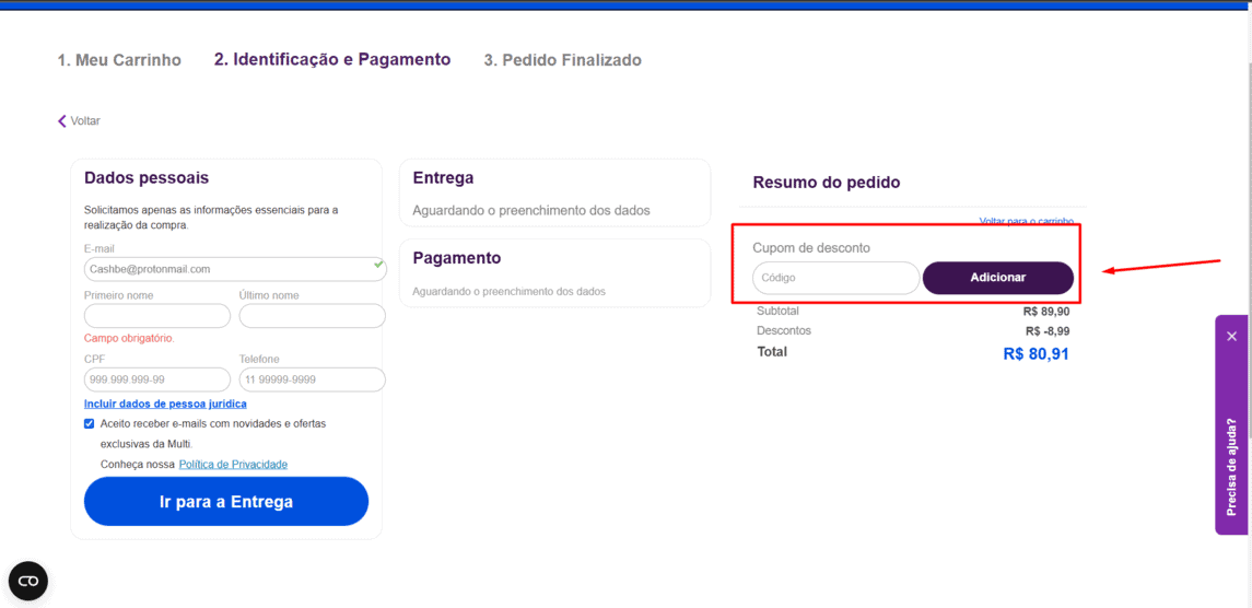 Onde inserir cupom de desconto Multikids