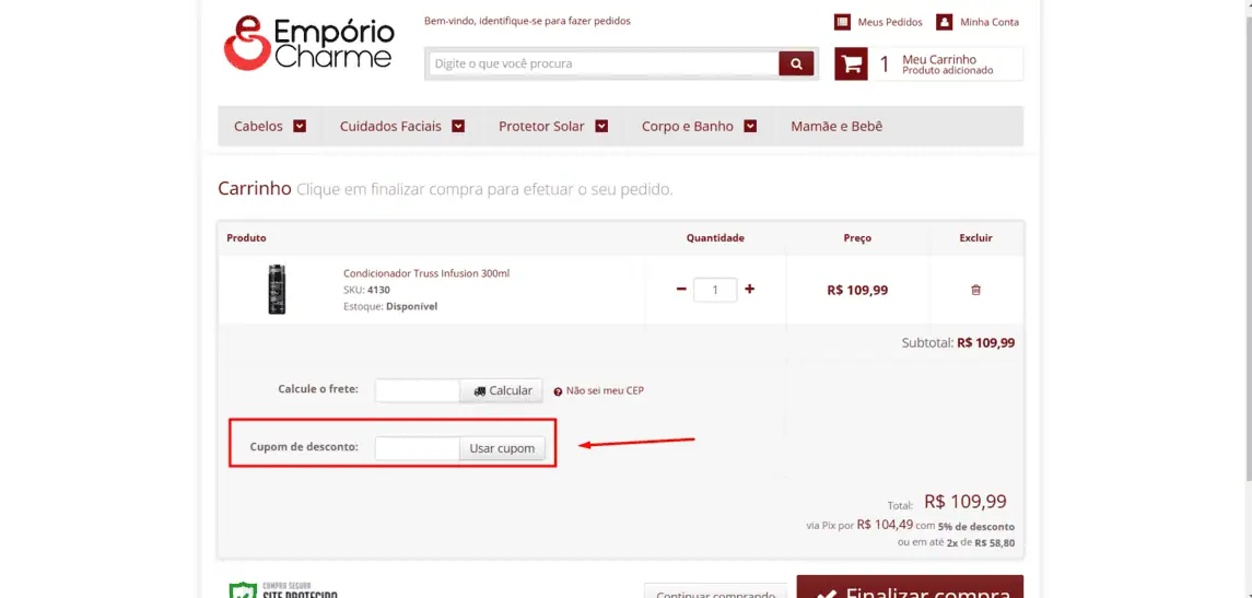 Onde inserir cupom de desconto Empório Charme