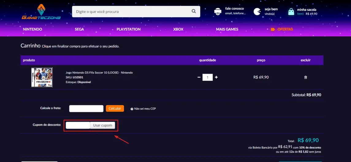 Onde inserir cupom de desconto Gameteczone