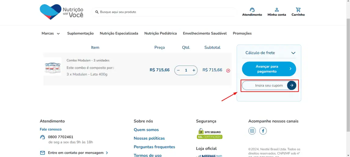 Onde inserir cupom de desconto Nutrição até Você