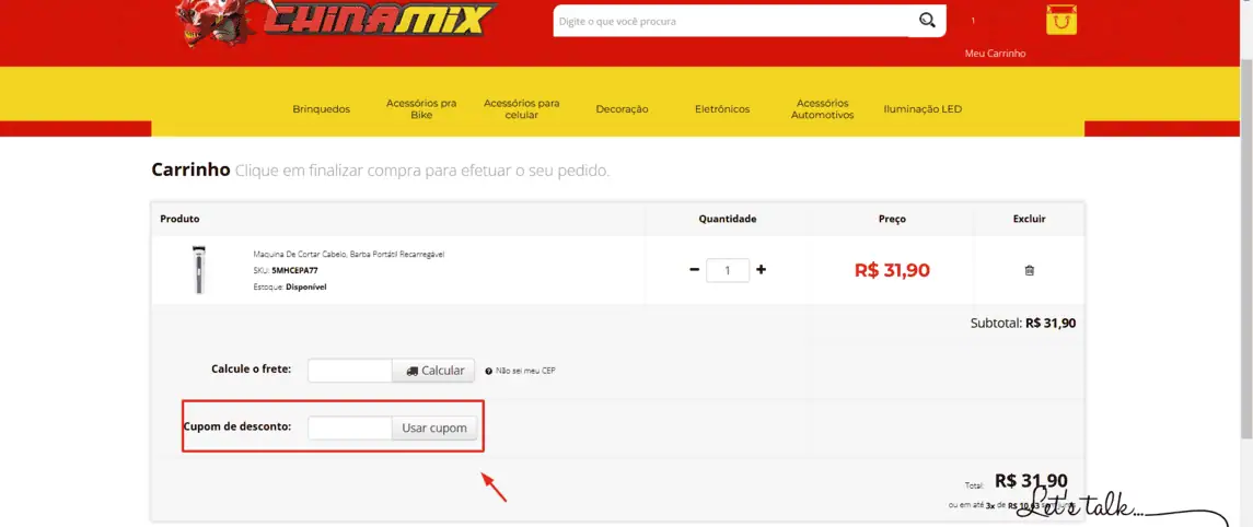 Onde inserir cupom de desconto China Mix