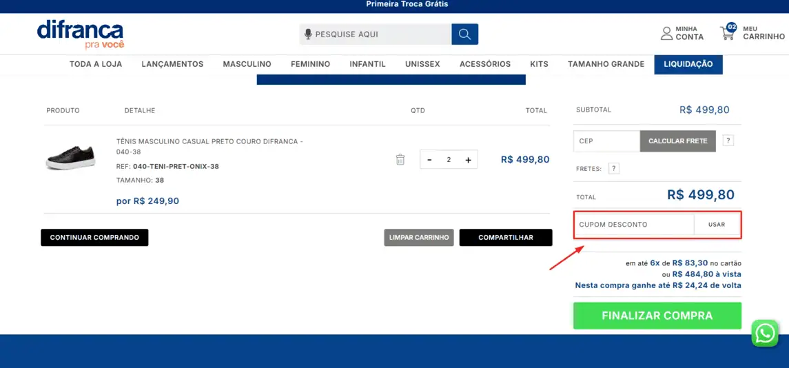 Onde inserir cupom de desconto Difranca Calçados