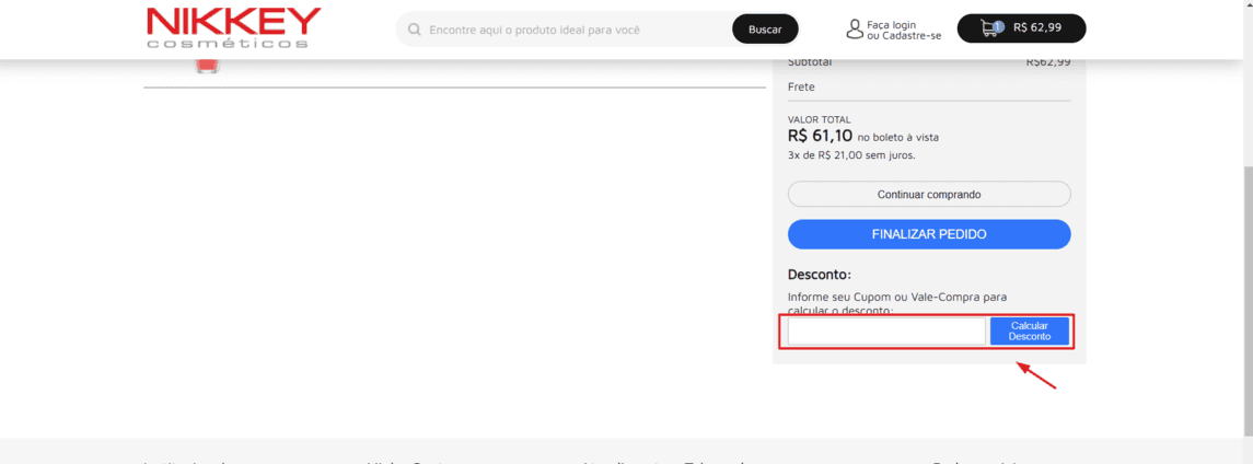 Onde inserir cupom de desconto Nikkey Cosméticos