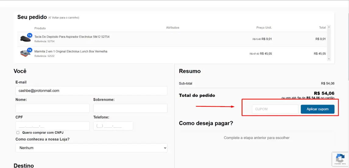 Onde inserir cupom de desconto NS Shop