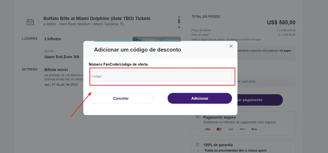 Onde inserir cupom de desconto StubHub