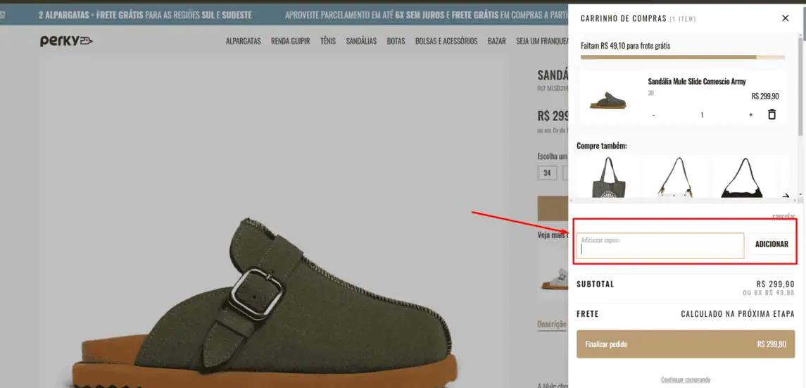 Onde inserir cupom de desconto Perky Shoes