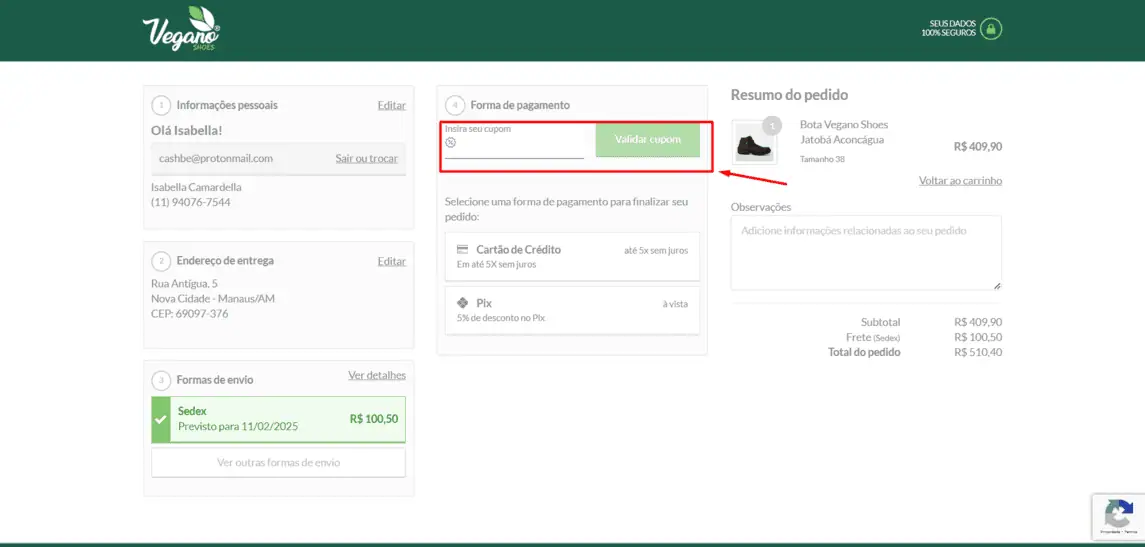 Onde inserir cupom de desconto Vegano Shoes
