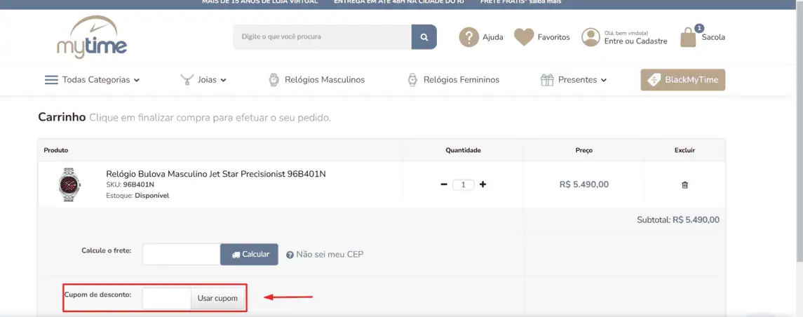 Onde inserir cupom de desconto My Time