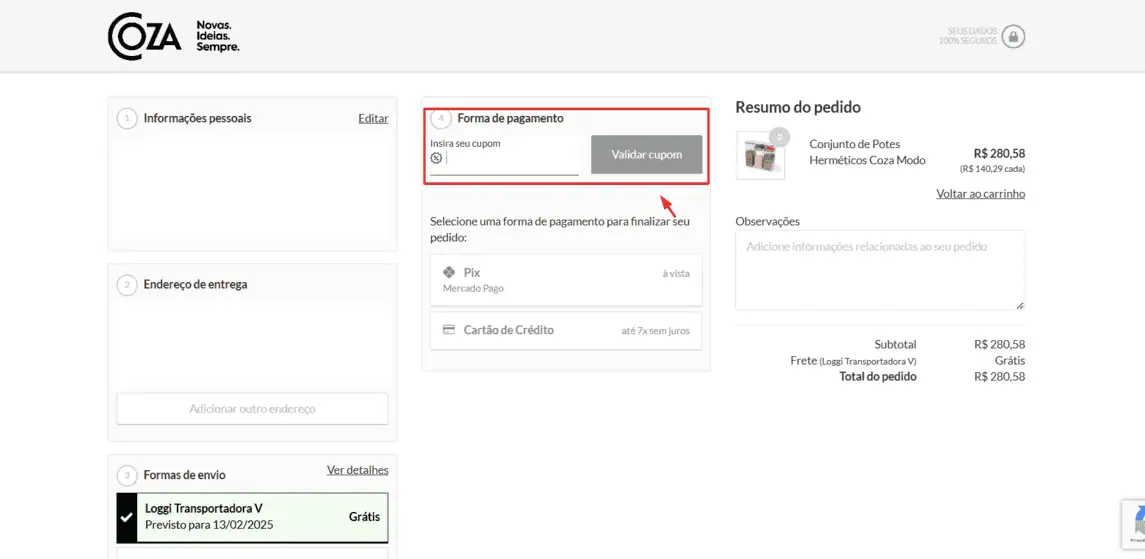Onde inserir cupom de desconto Coza