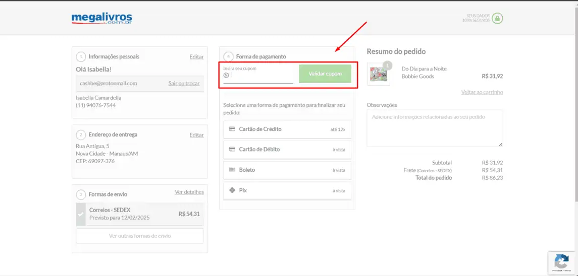 Onde inserir cupom de desconto Megalivros
