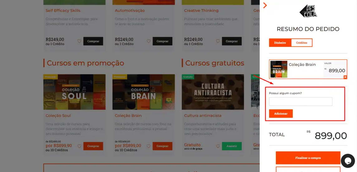 Onde inserir cupom de desconto Descola