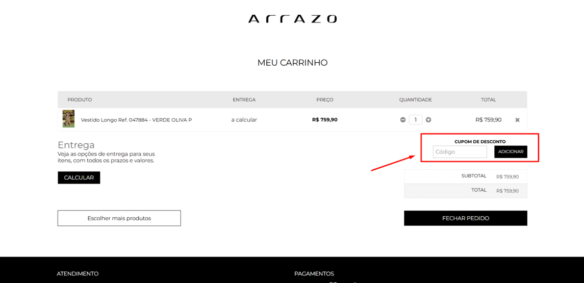 Onde inserir cupom de desconto Arrazo