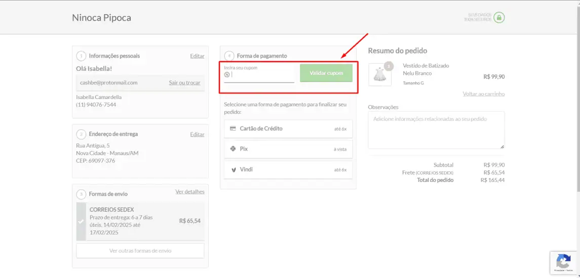 Onde inserir cupom de desconto Ninoca Pipoca