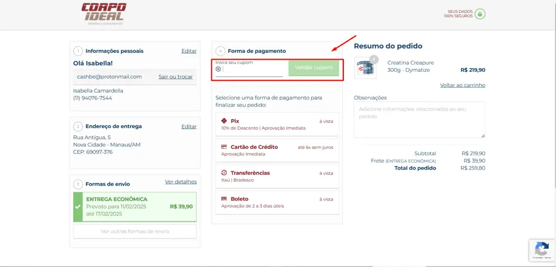 Onde inserir cupom de desconto Corpo Ideal Suplementos