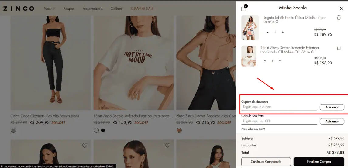 Onde inserir cupom de desconto Zinco