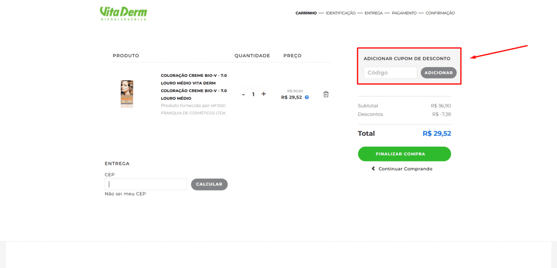 Onde inserir cupom de desconto Vita Derm