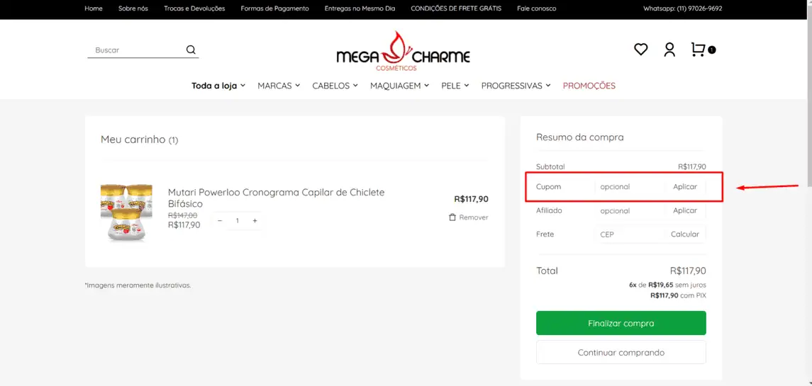 Onde inserir cupom de desconto Mega Charme