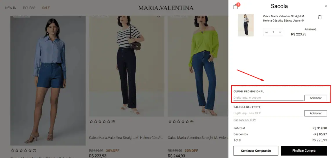 Onde inserir cupom de desconto Maria Valentina