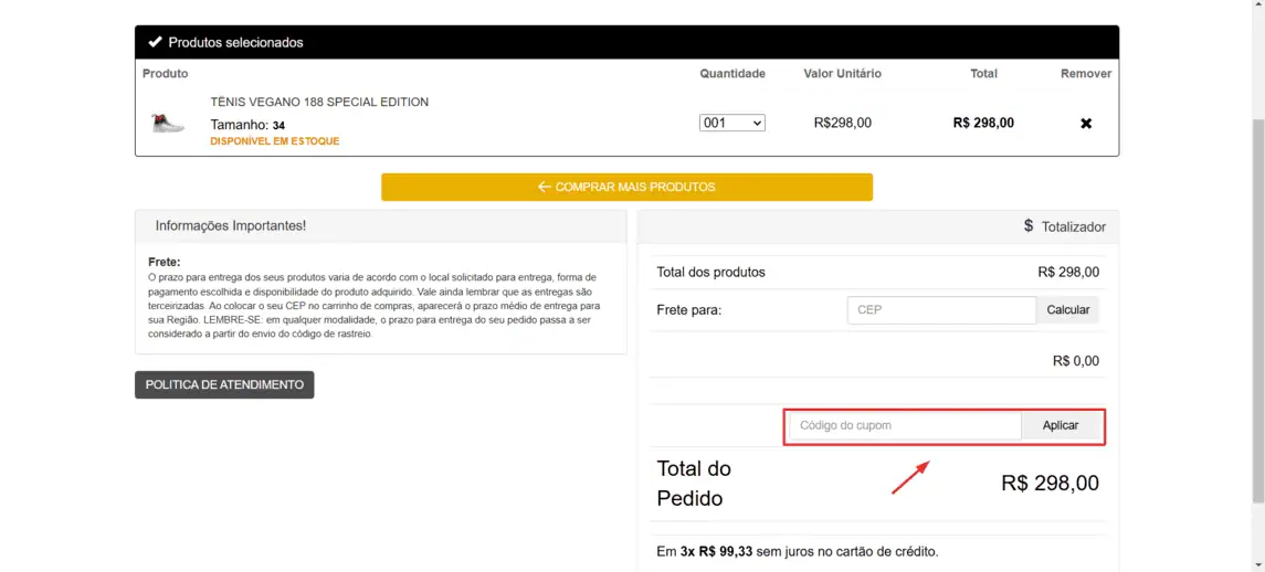 Onde inserir cupom de desconto King55
