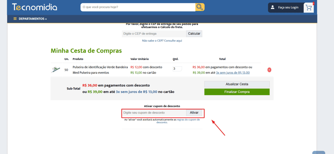 Onde inserir cupom de desconto Tecnomidia