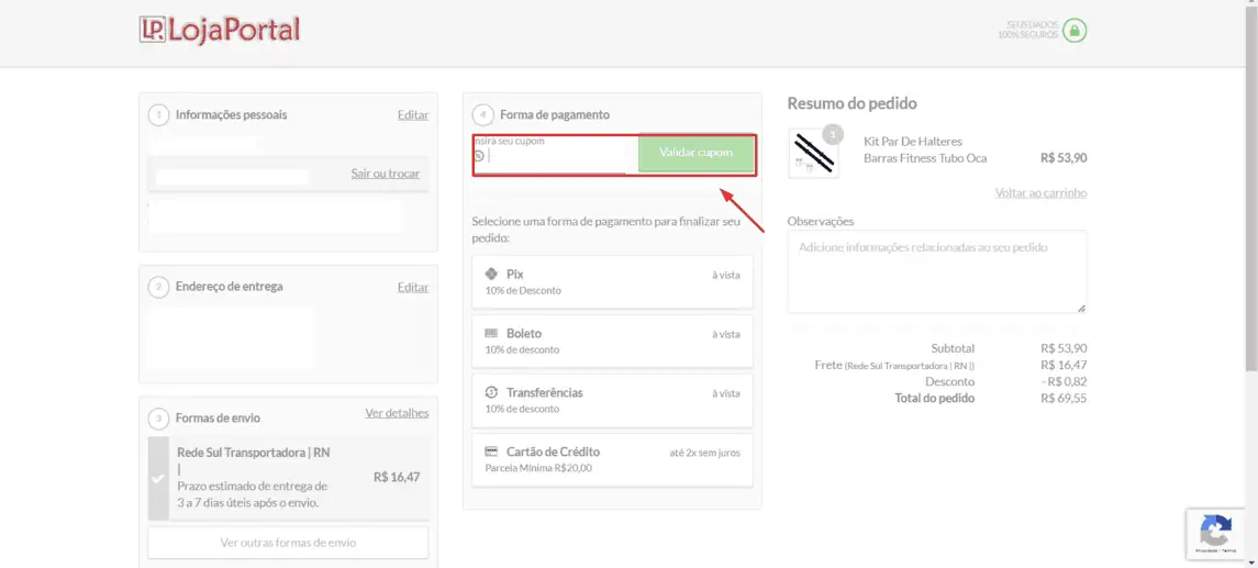 Onde inserir cupom de desconto Loja Portal