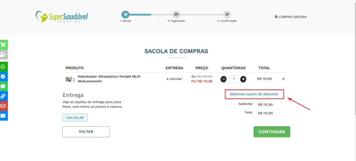 Onde inserir cupom de desconto Super Saudável Shopping
