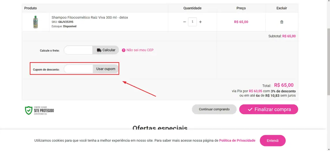 Onde inserir cupom de desconto CabeloStore