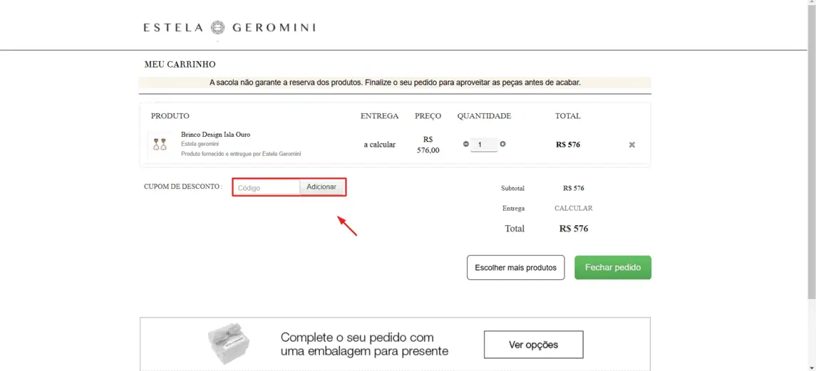 Onde inserir cupom de desconto Estela Geromini